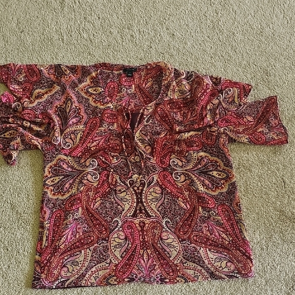Ann Taylor Pink and Red Graphic Blouse with Mandarin Collar - Picture 1 of 8